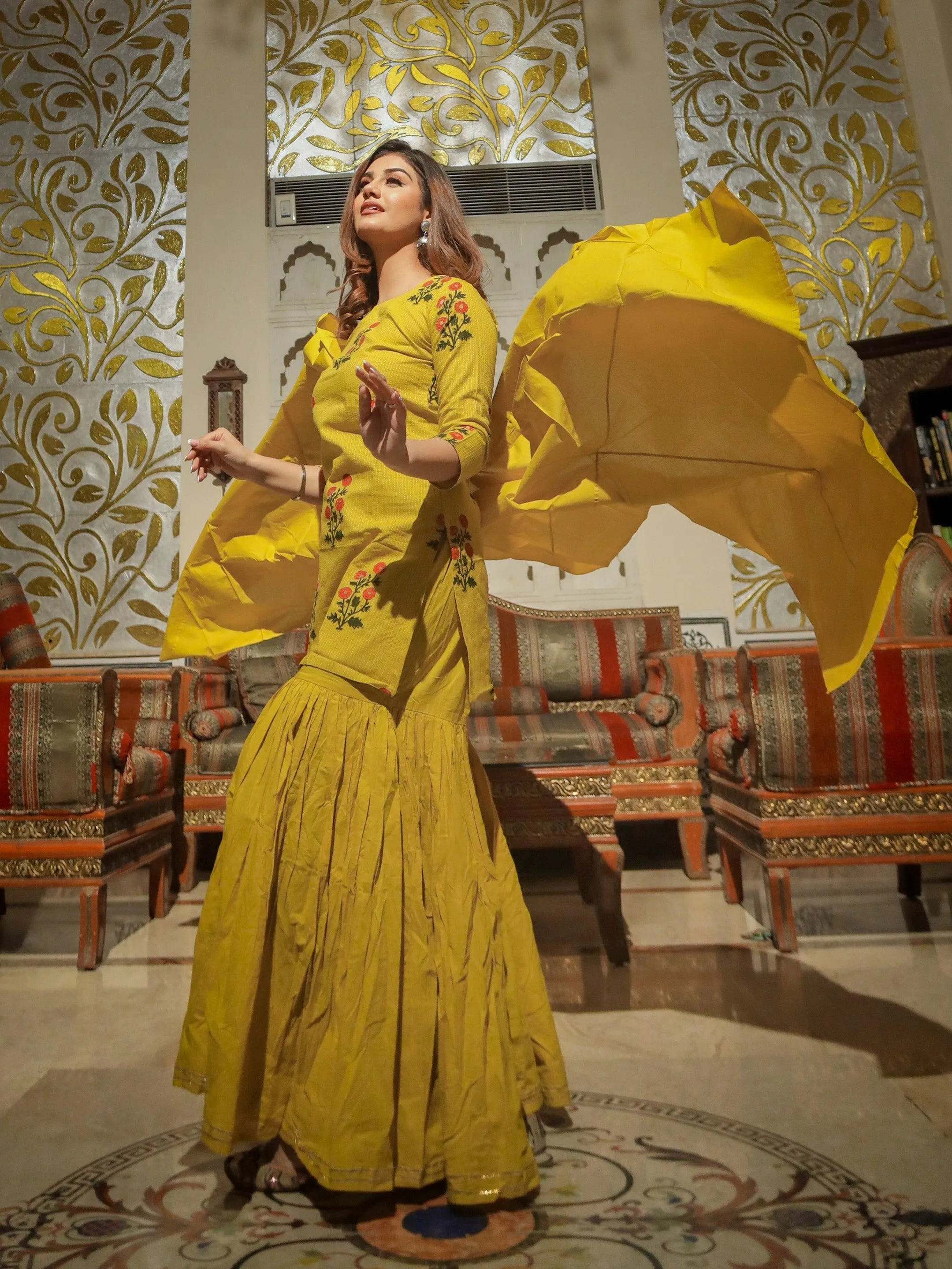 Divena lemon yellow cotton sharara kurta set with dupatta