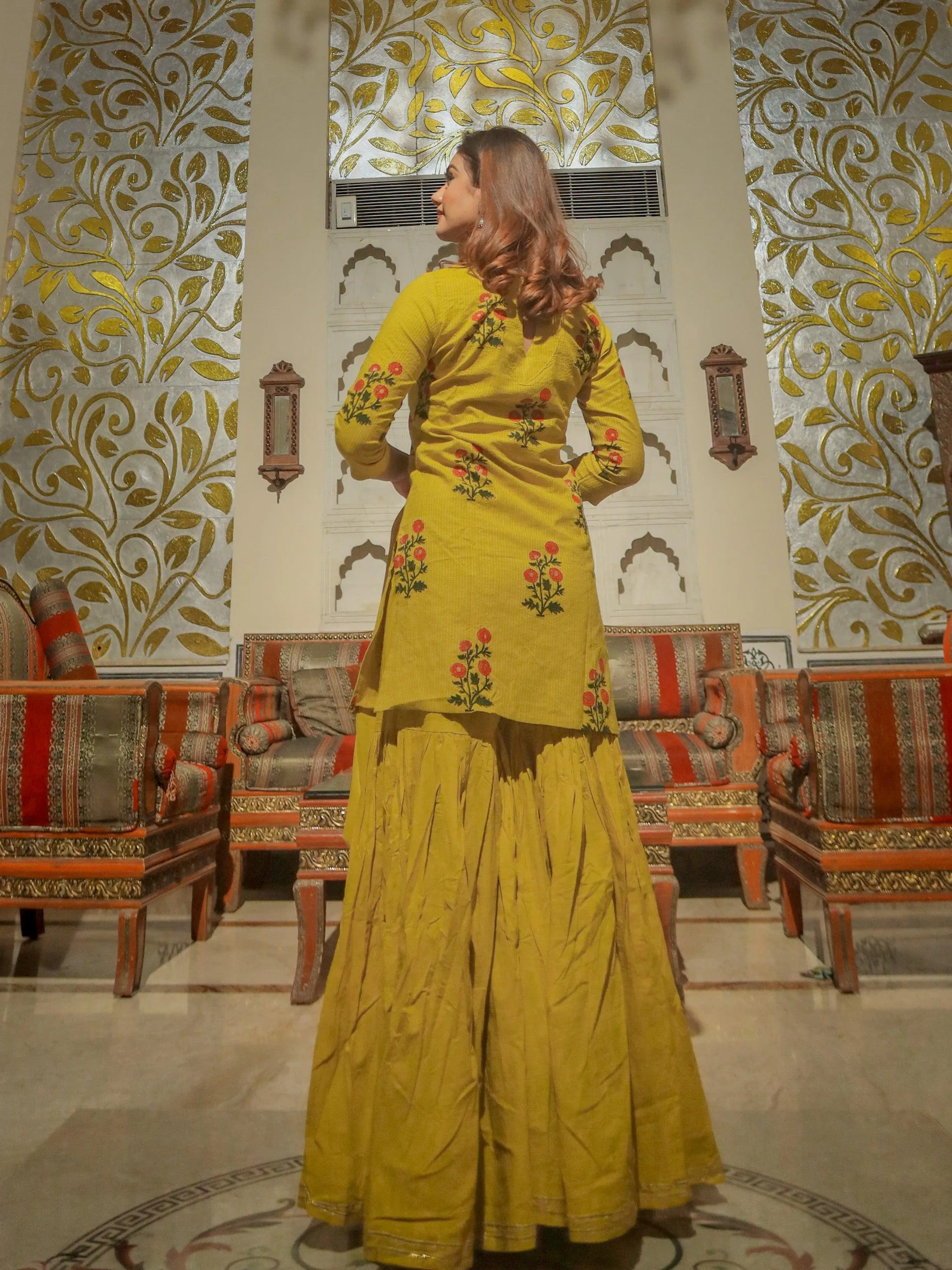 Divena lemon yellow cotton sharara kurta set with dupatta