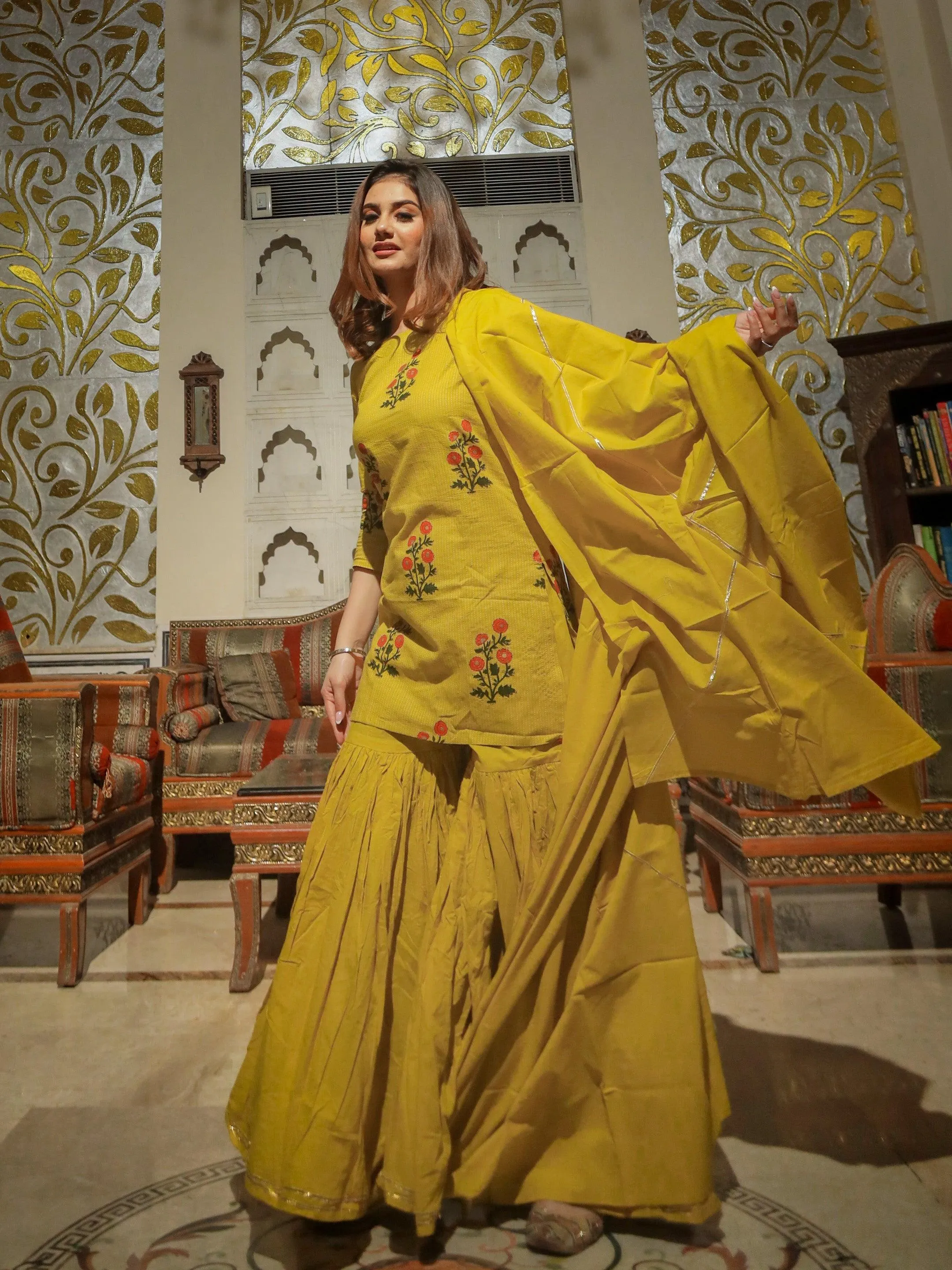 Divena lemon yellow cotton sharara kurta set with dupatta