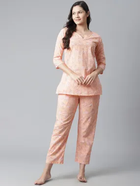 Divena  Peach Printed Cotton Nightwear