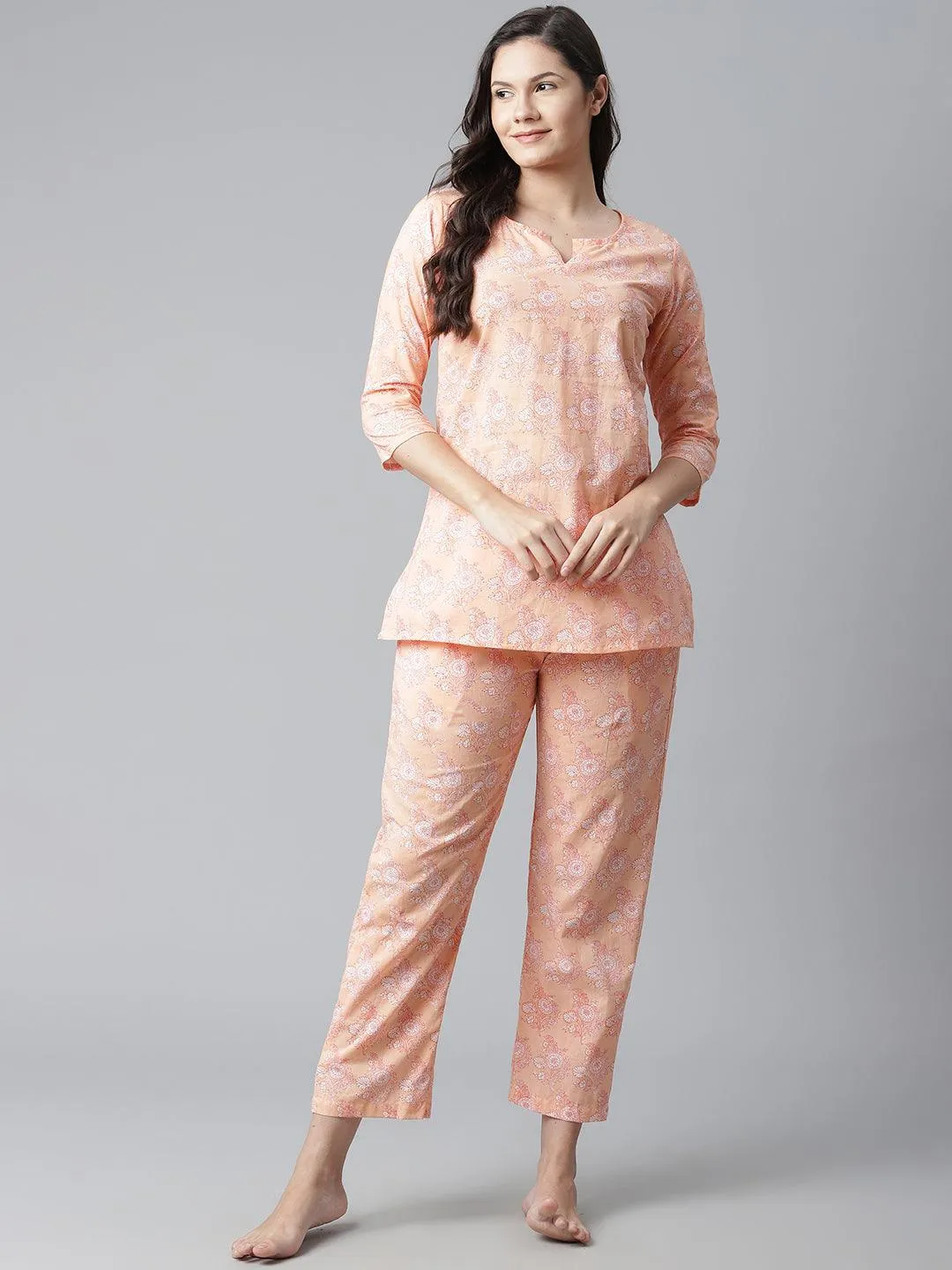 Divena  Peach Printed Cotton Nightwear