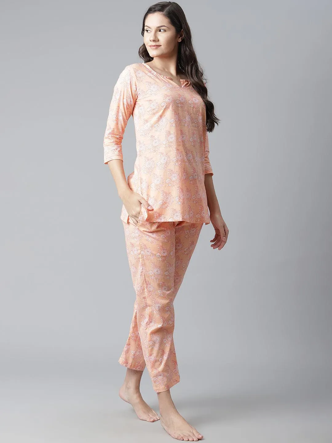 Divena  Peach Printed Cotton Nightwear