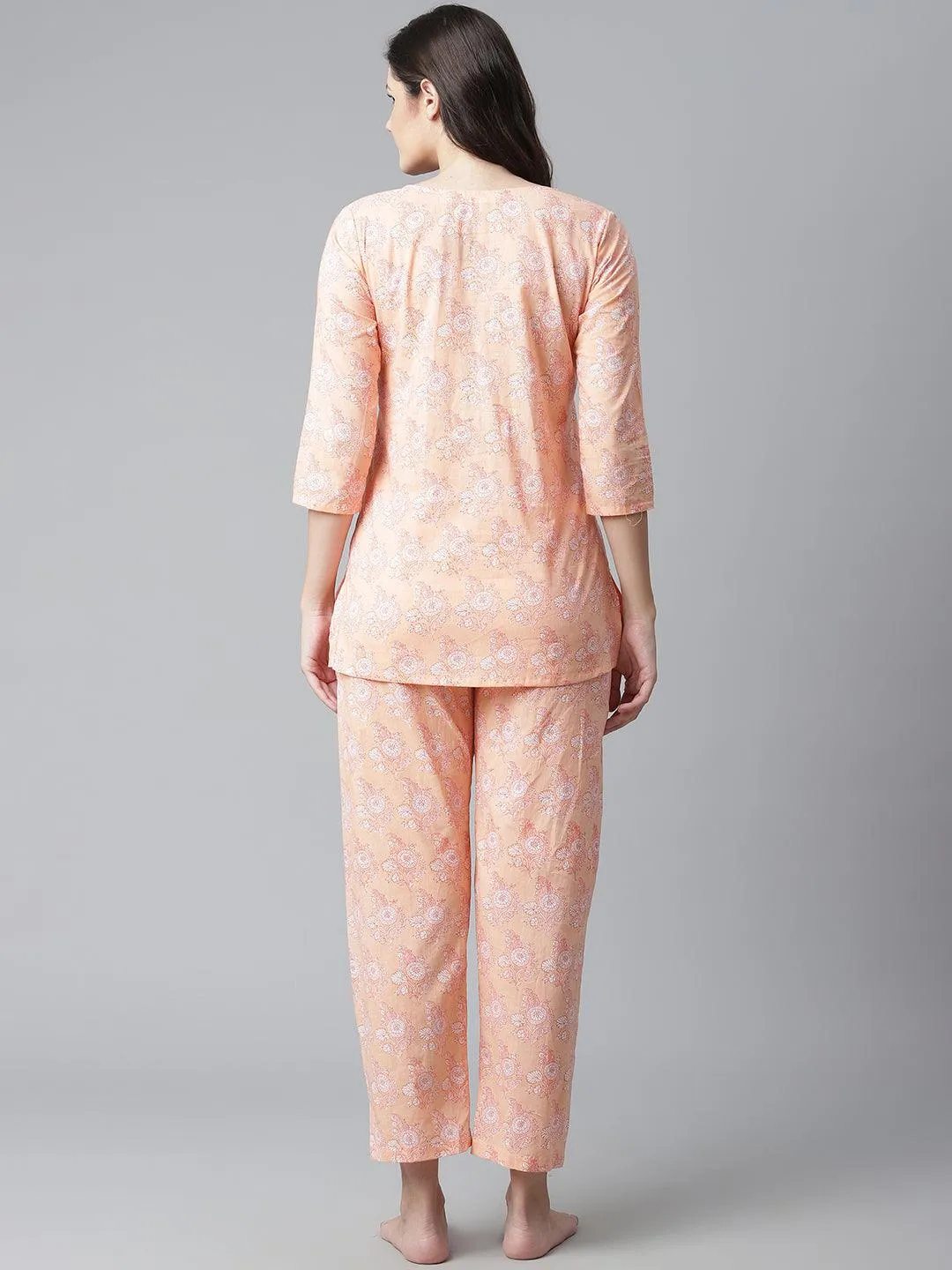 Divena  Peach Printed Cotton Nightwear