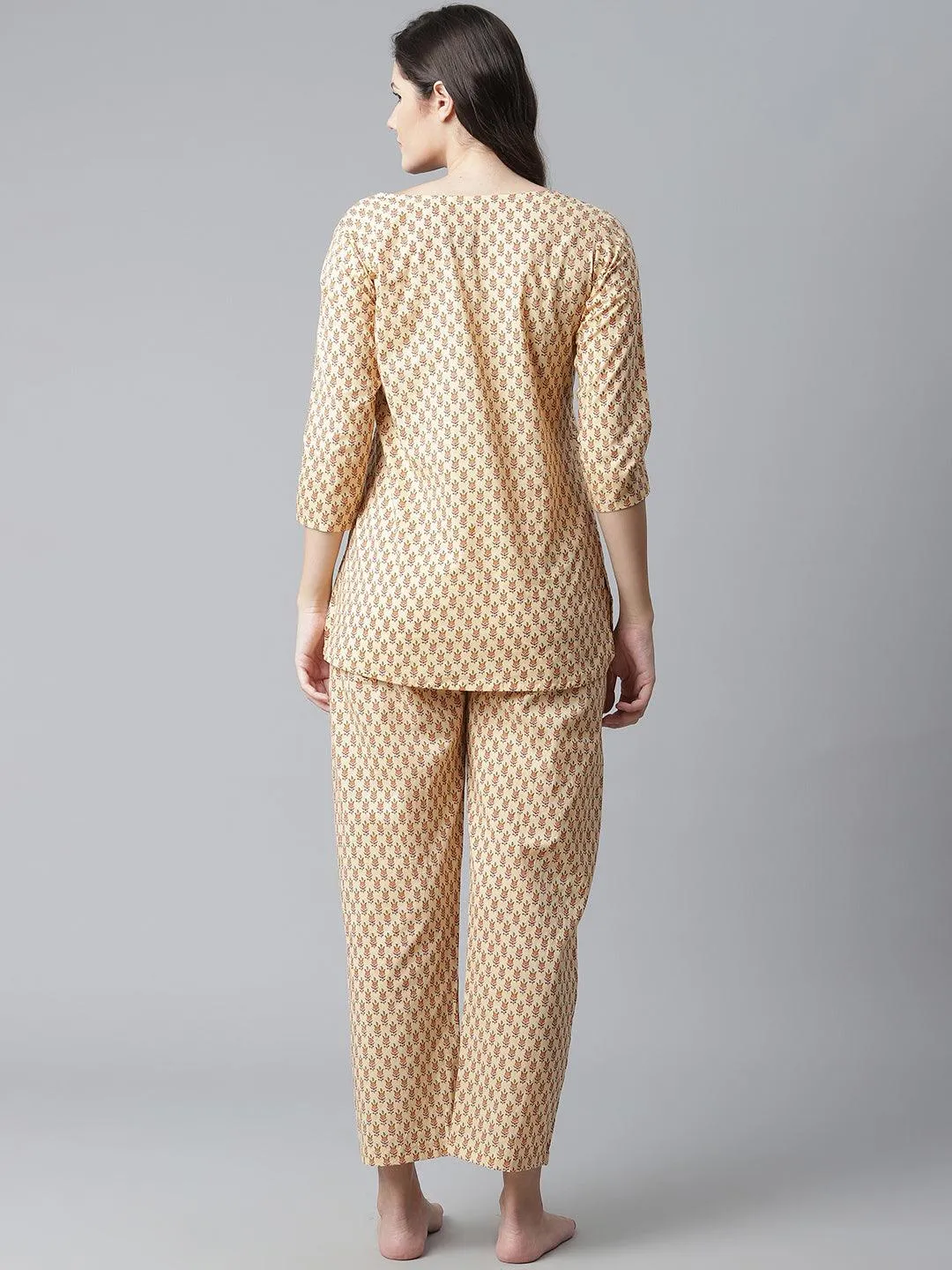 Divena  Yellow Buti Print Cotton Nightwear