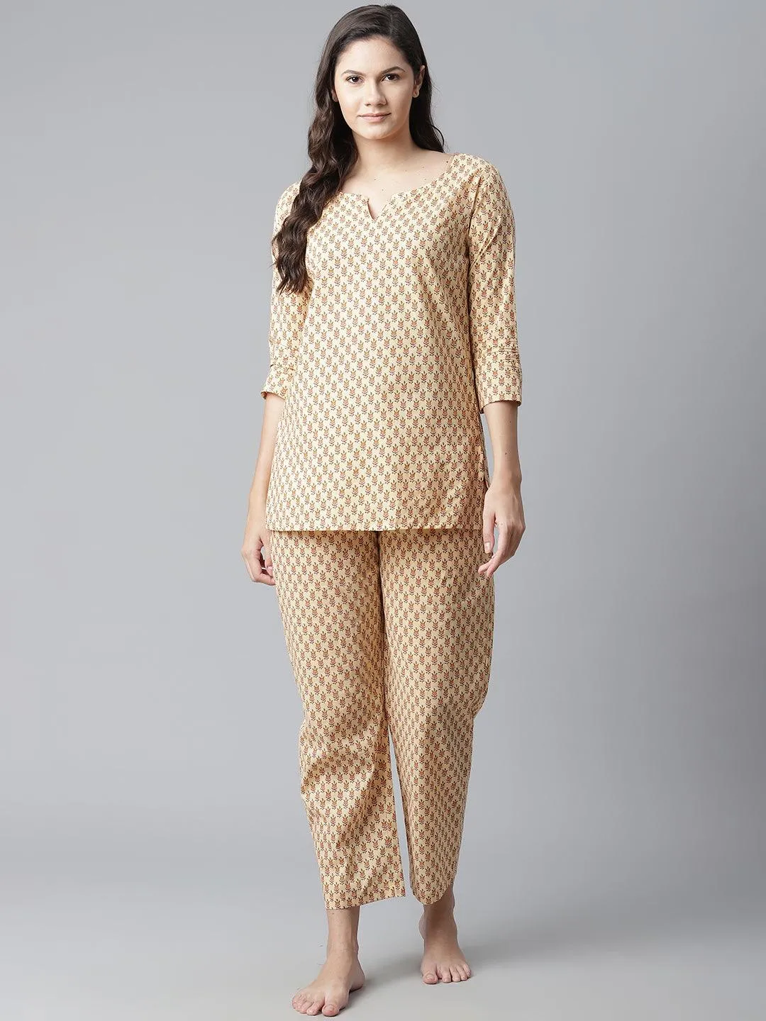 Divena  Yellow Buti Print Cotton Nightwear