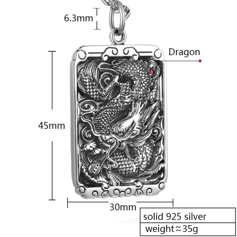 Dragon and Carved Buddhism Characters 925 Sterling Silver Vintage Biker Square Pendant