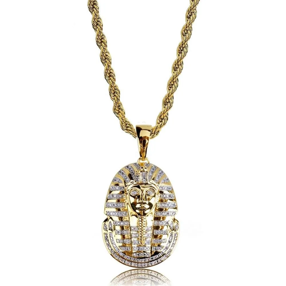 Egyptian Pharaoh Cubic Zirconia Gold-Plated Stainless Steel Hip-Hop Pendant Necklace