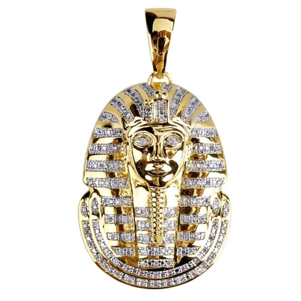 Egyptian Pharaoh Cubic Zirconia Gold-Plated Stainless Steel Hip-Hop Pendant Necklace