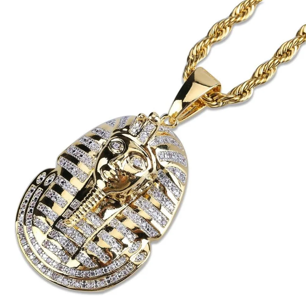 Egyptian Pharaoh Cubic Zirconia Gold-Plated Stainless Steel Hip-Hop Pendant Necklace