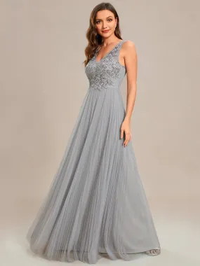 Elegant Appliques Chiffon A-Line Floor Length V Neck Sleeveless Evening Dress