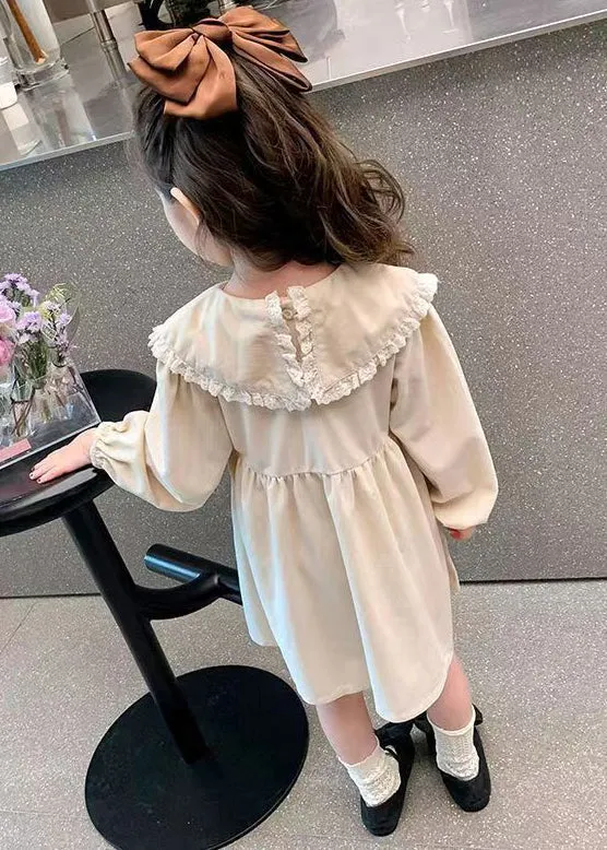 Elegant Beige Peter Pan Collar Solid Cotton Girls Dresses Long Sleeve XZ056