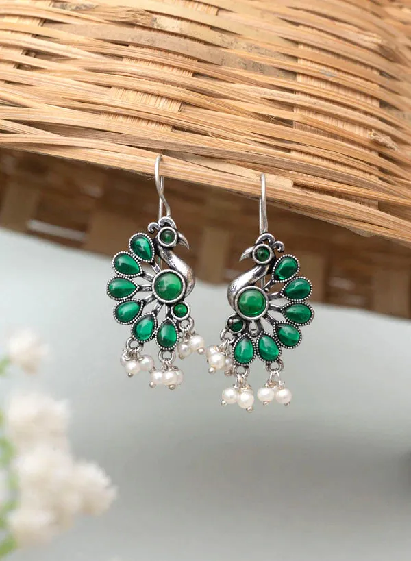 Elegant Emerald Stone Studded Peacock Designed Silver Plated Oxidized Hook Earrings