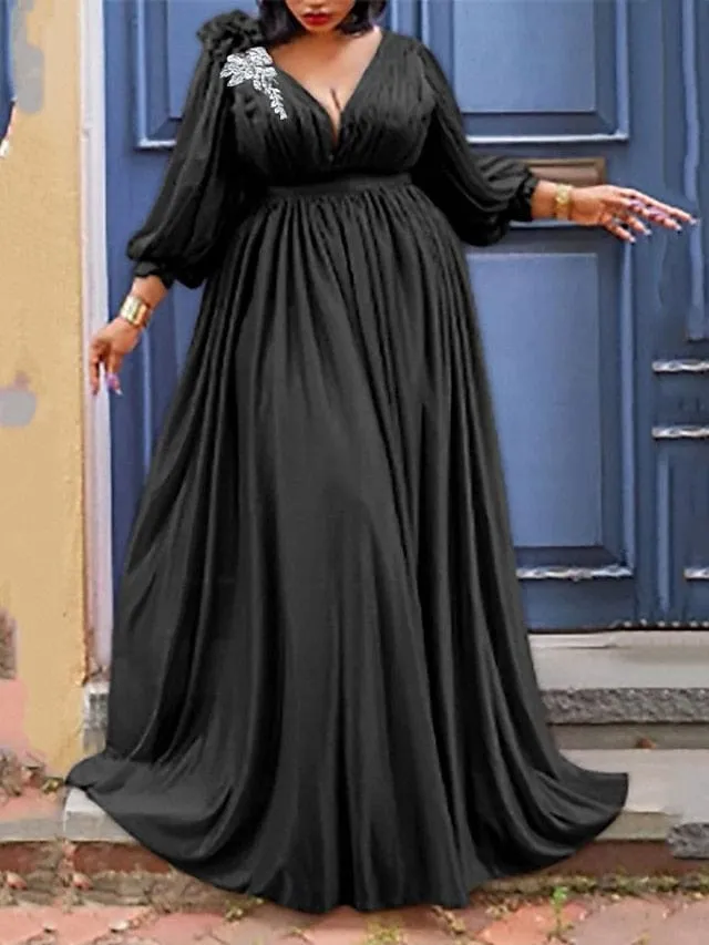 Elegant Plus Size V Neck Ruched Maxi Dress