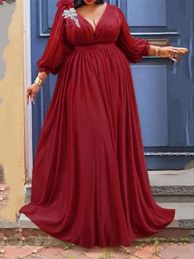 Elegant Plus Size V Neck Ruched Maxi Dress