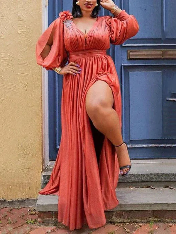 Elegant Plus Size V Neck Ruched Maxi Dress