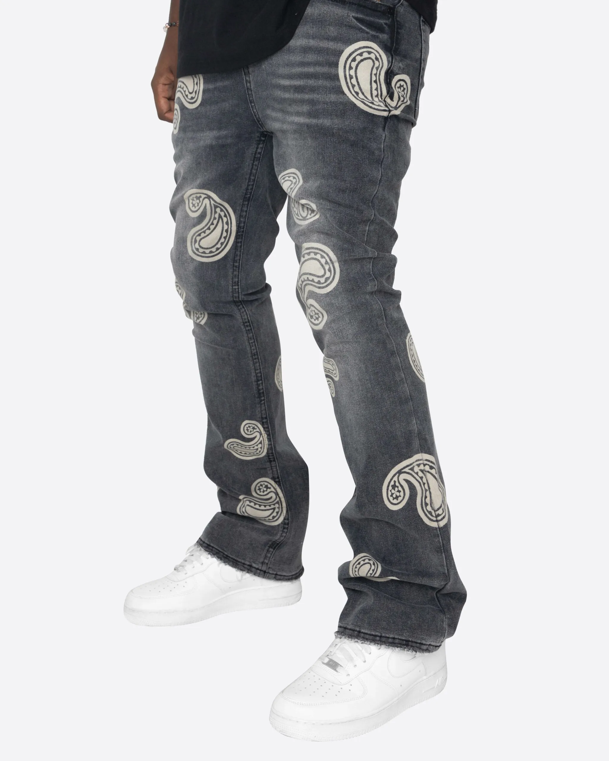 EPTM Bleached Paisley Flare Denim - Black