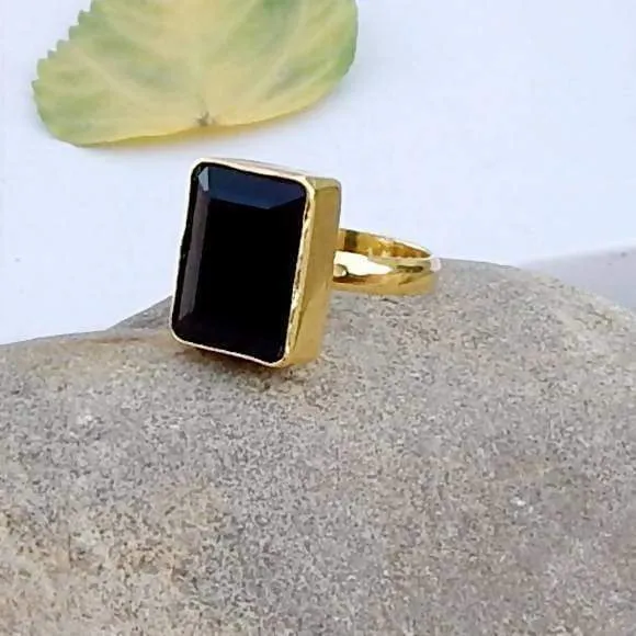 Faceted Black Stone Silver Gold Plated Silver Ring