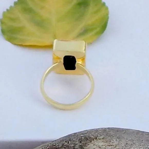 Faceted Black Stone Silver Gold Plated Silver Ring