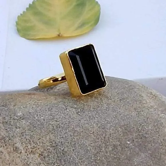 Faceted Black Stone Silver Gold Plated Silver Ring