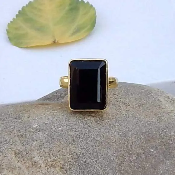 Faceted Black Stone Silver Gold Plated Silver Ring