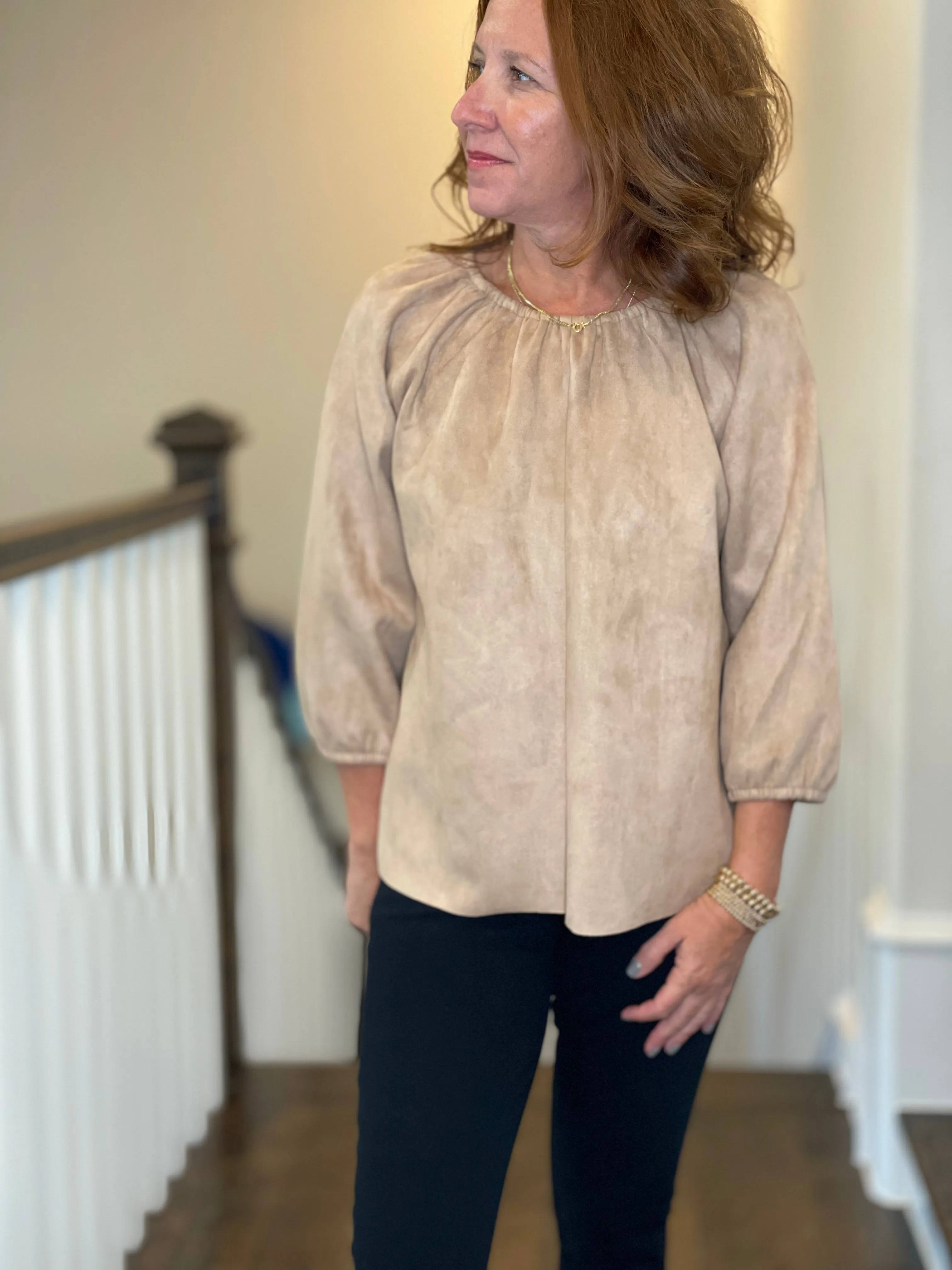 Faux Suede Peasant Top in Camel