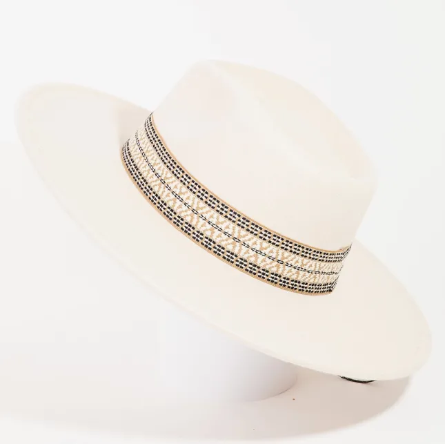 Flat Brim Boho Pattern Band Fedora Hat - Ivory