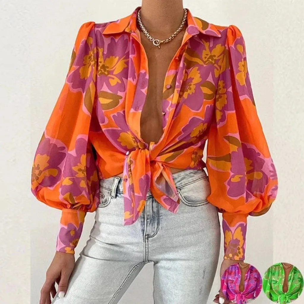 Floral Long Puff Sleeves Women's Shirt