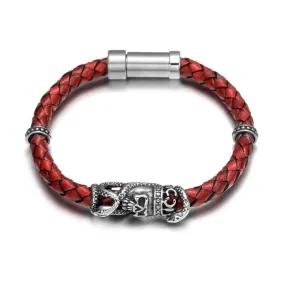 Full Grain Braided Leather Stainless Steel Skull with Snake Bracelet