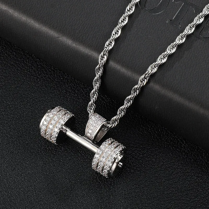 Gemstone-Studded Dumbbell Hip-hop Pendant Necklace