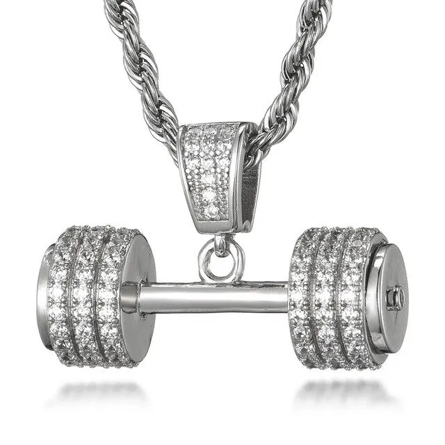 Gemstone-Studded Dumbbell Hip-hop Pendant Necklace