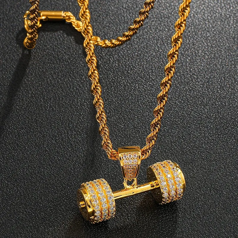 Gemstone-Studded Dumbbell Hip-hop Pendant Necklace