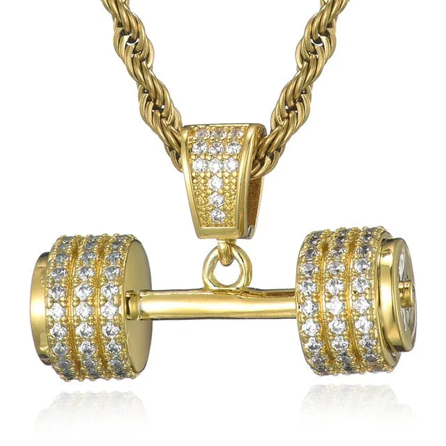 Gemstone-Studded Dumbbell Hip-hop Pendant Necklace