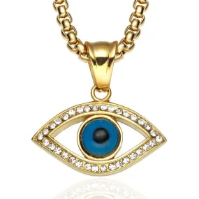 Gemstone-Studded Evil Eye Stainless Steel Hip-hop Pendant Necklace