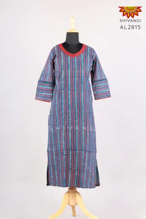 Girls Blue Block Printed Ajrakh Kurti for Womens