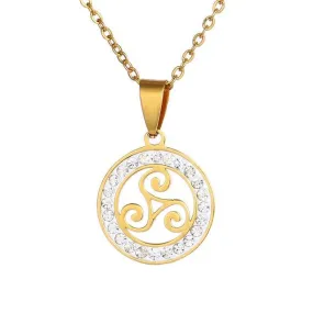 Gold & Silver Triskelion Stainless Steel Pendant Necklace with Zirconia Crystals