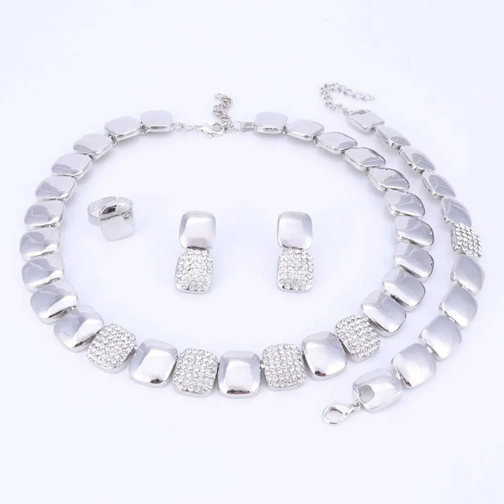 Gold-Plated Crystal Square Necklace, Bracelet, Earrings & Ring Wedding Jewelry Set