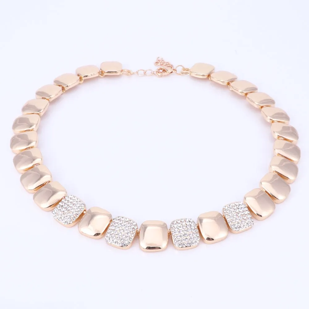 Gold-Plated Crystal Square Necklace, Bracelet, Earrings & Ring Wedding Jewelry Set