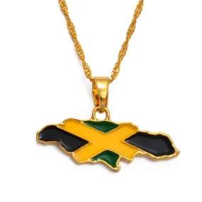 Gold-Plated Jamaica Map and National Flag Pendant Necklace