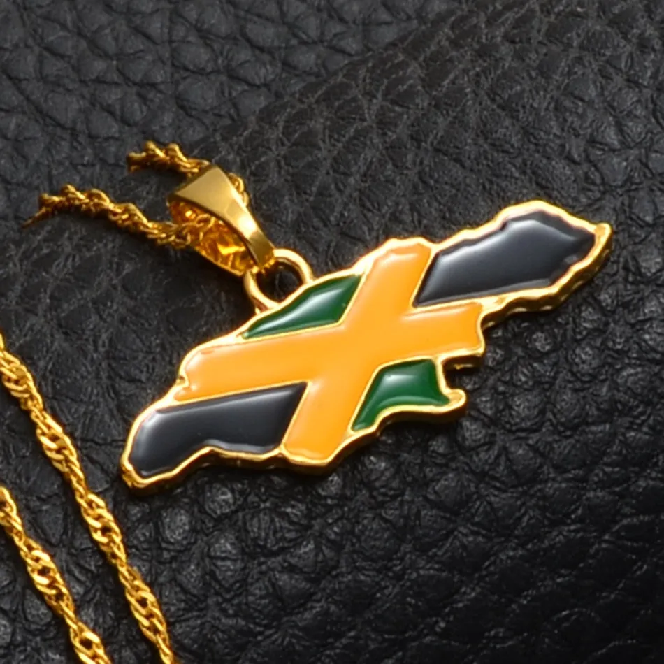 Gold-Plated Jamaica Map and National Flag Pendant Necklace