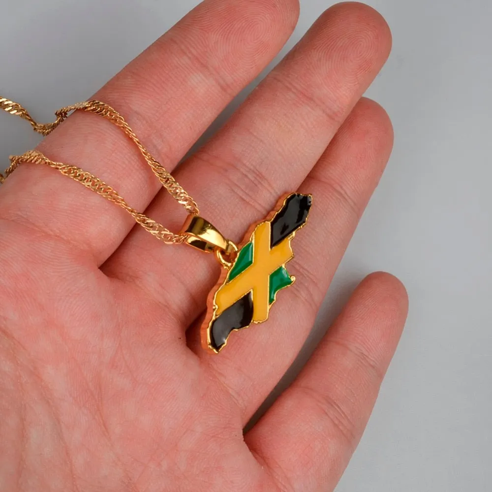 Gold-Plated Jamaica Map and National Flag Pendant Necklace