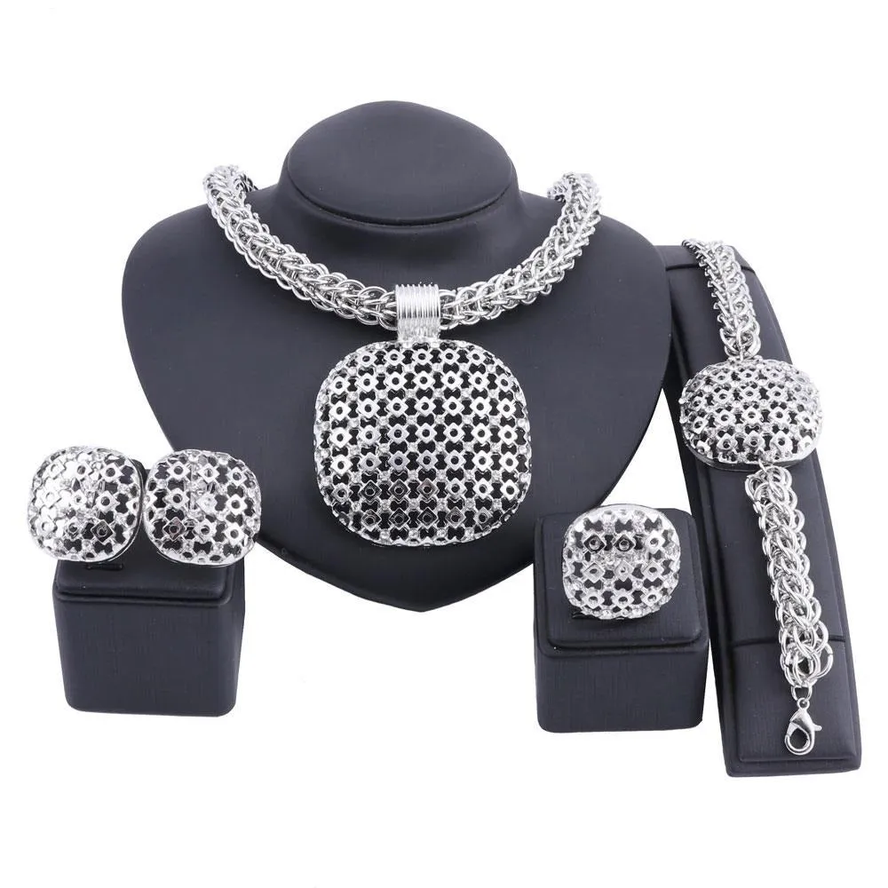 Gold/Silver-Plated Square Pendant Necklace, Bracelet, Earrings & Ring Wedding Jewelry Set