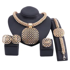 Gold/Silver-Plated Square Pendant Necklace, Bracelet, Earrings & Ring Wedding Jewelry Set