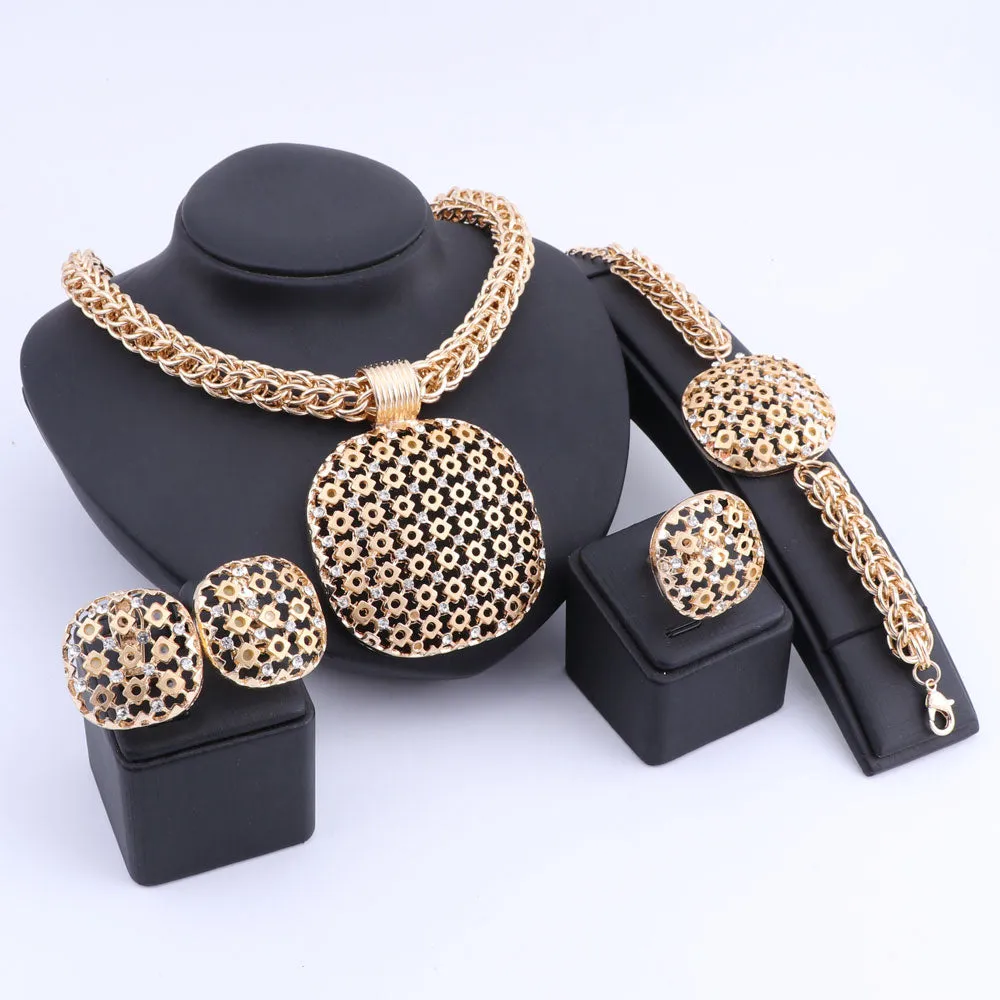 Gold/Silver-Plated Square Pendant Necklace, Bracelet, Earrings & Ring Wedding Jewelry Set