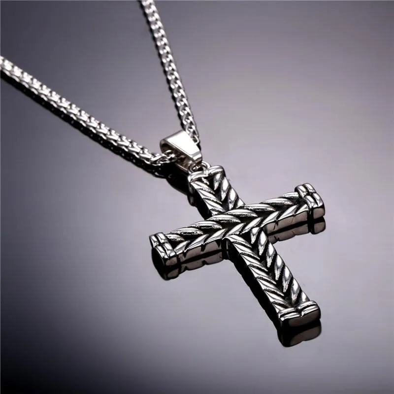 Gothic Silver Striped Cross Pendant Necklace