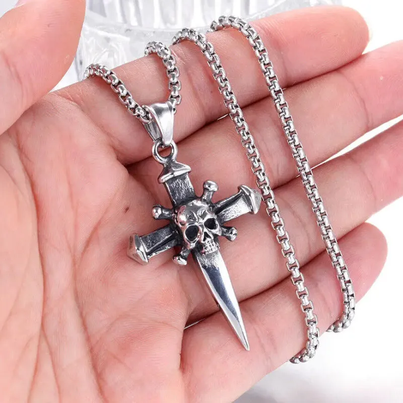 Gothic Stainless Steel Skull Cross Pendant and Chain Necklace