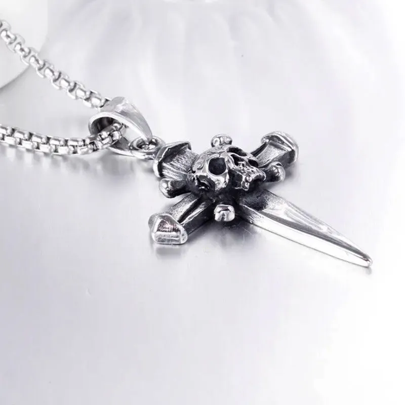 Gothic Stainless Steel Skull Cross Pendant and Chain Necklace