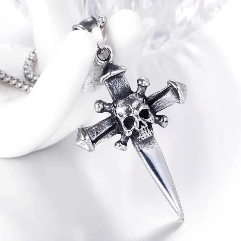 Gothic Stainless Steel Skull Cross Pendant and Chain Necklace