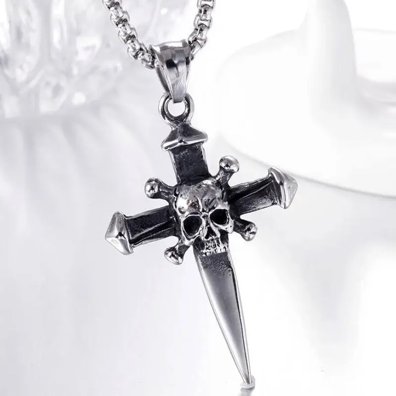 Gothic Stainless Steel Skull Cross Pendant and Chain Necklace