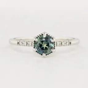 Grace Ring 5.5mm 0.77ct Part Blue Green Round Queensland Sapphire, 14k White Gold (One of a kind)