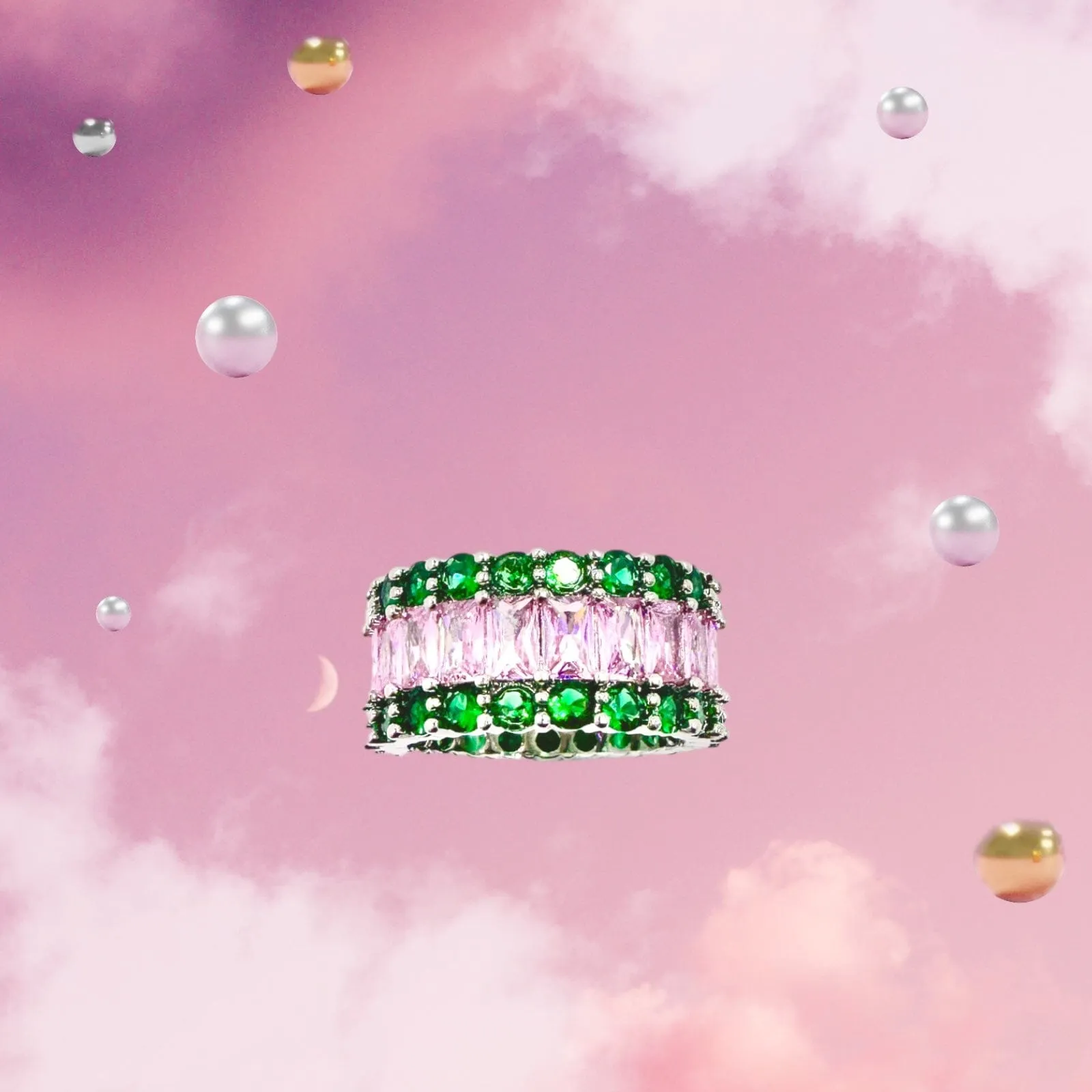 Green Emerald and Pink Sapphire Cluster Eternity Ring